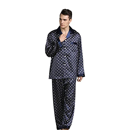 DEBAIJIA Herren Bademantel Morgenmantel Schlafanzug Pyjama Hose Seide Lang Satin Nachtwäsche Männer Hausmantel (Dunkelblau-XXL) von DEBAIJIA