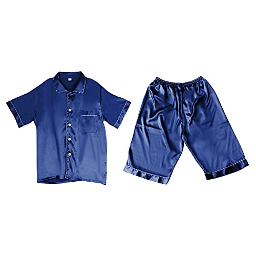 DEBAIJIA Herren Schlafanzug Bademantel Morgenmantel Pyjama Kurze Hose Seide Kurzarm Männer Hausmantel Nachtwäsche (Blau-XXL) von DEBAIJIA