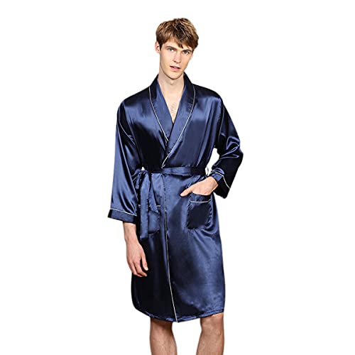 DEBAIJIA Herren Schlafanzug Morgenmantel Bademantel Pyjama Kurze Hose Seide Lang Satin Nachtwäsche Männer Hausmantel (Blau-5XL) von DEBAIJIA