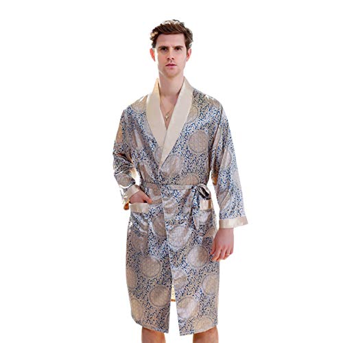 DEBAIJIA Herren Schlafanzug Morgenmantel Bademantel Pyjama Kurze Hose Seide Lang Satin Nachtwäsche Männer Hausmantel (Gold-L) von DEBAIJIA