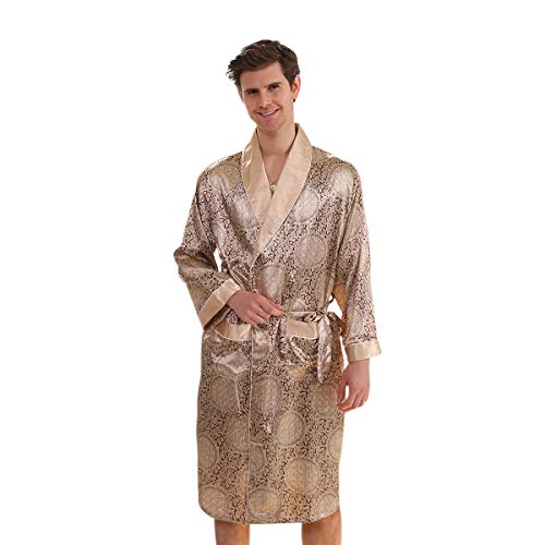 DEBAIJIA Herren Schlafanzug Morgenmantel Bademantel Pyjama Kurze Hose Seide Lang Satin Nachtwäsche Männer Hausmantel (Gold-XL) von DEBAIJIA
