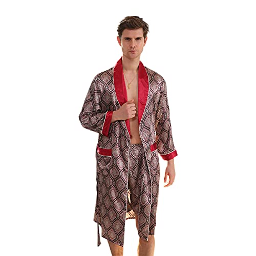 DEBAIJIA Herren Schlafanzug Morgenmantel Bademantel Pyjama Kurze Hose Seide Lang Satin Nachtwäsche Männer Hausmantel (Rot-5XL) von DEBAIJIA