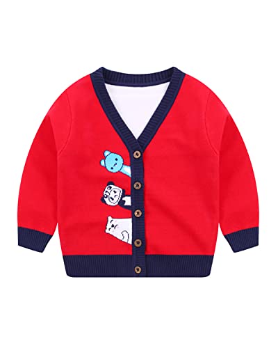 DEBAIJIA Kinder Baby Strickjacken Mädchen Jacke 0-12T Strickjacke Pullover Warm Lange Ärmel Kleinkind Herbst Junge Verdicken Winter Baumwolle(Bär-Rot-140) von DEBAIJIA