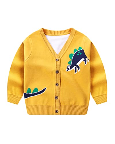 DEBAIJIA Kinder Baby Strickjacken Mädchen Jacke 0-12T Strickjacke Pullover Warm Lange Ärmel Kleinkind Herbst Junge Verdicken Winter Baumwolle(Dinosaurier-Gelb-100) von DEBAIJIA