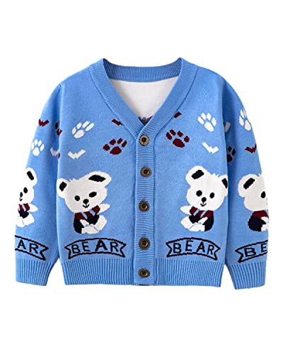 DEBAIJIA Kinder Baby Strickjacken Mädchen Jacke Strickjacke 0-12T Pullover Ärmel Warm Lange Herbst Kleinkind Junge Verdicken Winter Baumwolle(Bär-Blau-100) von DEBAIJIA