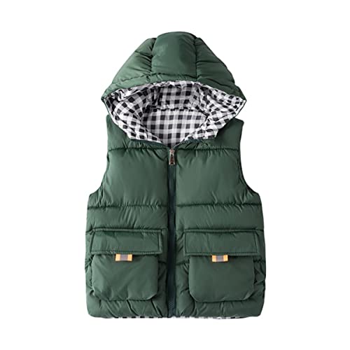 DEBAIJIA Kinder Daunenweste Steppweste mit Kapuze Gilet Kind Armellose Jacke Reißverschluss Weste Winter Jungen Mädchen Warmhalten (Dunkelgrün-110) von DEBAIJIA