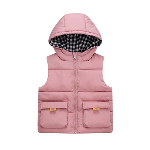 DEBAIJIA Kinder Daunenweste Steppweste mit Kapuze Gilet Kind Armellose Jacke Reißverschluss Weste Winter Jungen Mädchen Warmhalten (Rosa-130) von DEBAIJIA