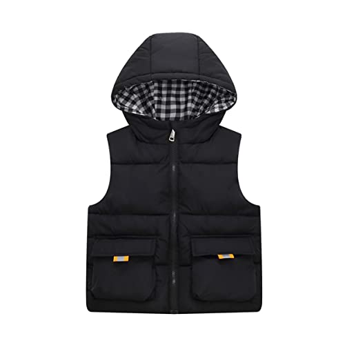 DEBAIJIA Kinder Daunenweste Steppweste mit Kapuze Gilet Kind Armellose Jacke Reißverschluss Weste Winter Jungen Warmhalten Mädchen (Schwarz-130) von DEBAIJIA