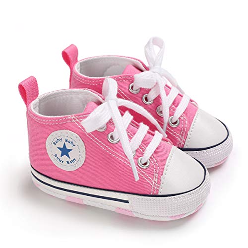 DEBAIJIA Lauflernschuhe Baby Segeltuchschuhe 0-6M Kinder Turnschuhe Jungen Leichtes Leinen Schuhe Mädchen Weiche Sohle 17 EU Pink (Etikettengröße 1) von DEBAIJIA