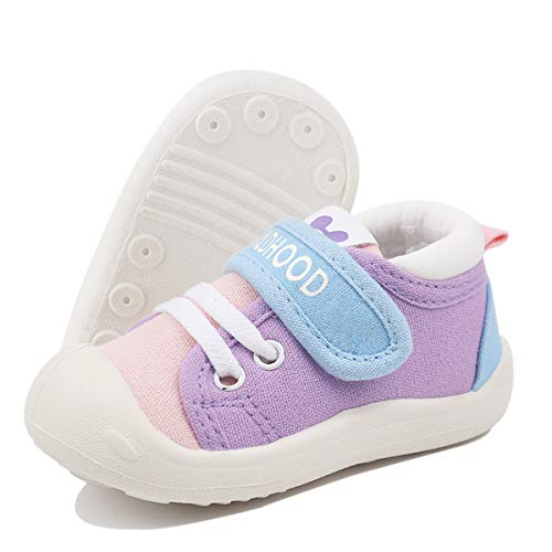 DEBAIJIA Lauflernschuhe Babyschuhe 1-4 Jahre Kinder Schuhe Jungen Mädchen Weiche Sohle rutschfeste Segeltuch Turnschuhe Purpur Rosa 18 EU von DEBAIJIA