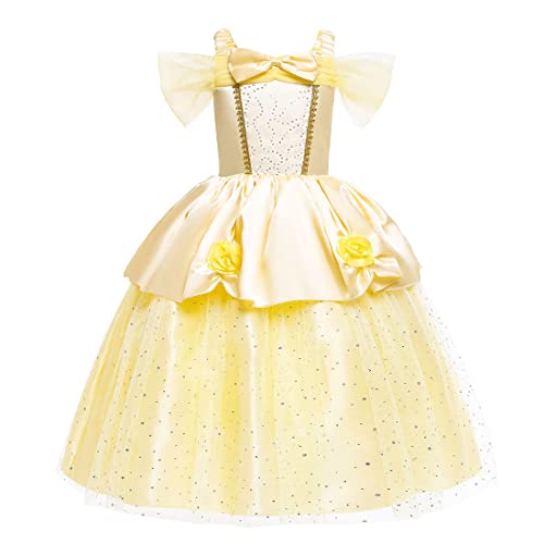 DEBAIJIA Mädchen Kleid Prinzessin Kurze Ärmel Niedlich Tüll Elegante Geburtstagsparty Kleid Ballkleid Kleidung (Gelb04-110) von DEBAIJIA