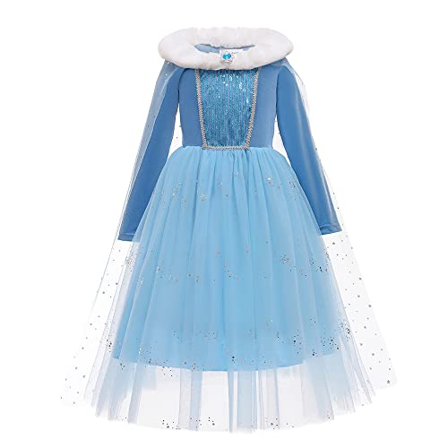 DEBAIJIA Mädchen Kleid Prinzessin Lange Ärmel ​Niedlich Warm Elegante Geburtstagsparty Kleid Ballkleid Kleidung (Blau07-150) von DEBAIJIA