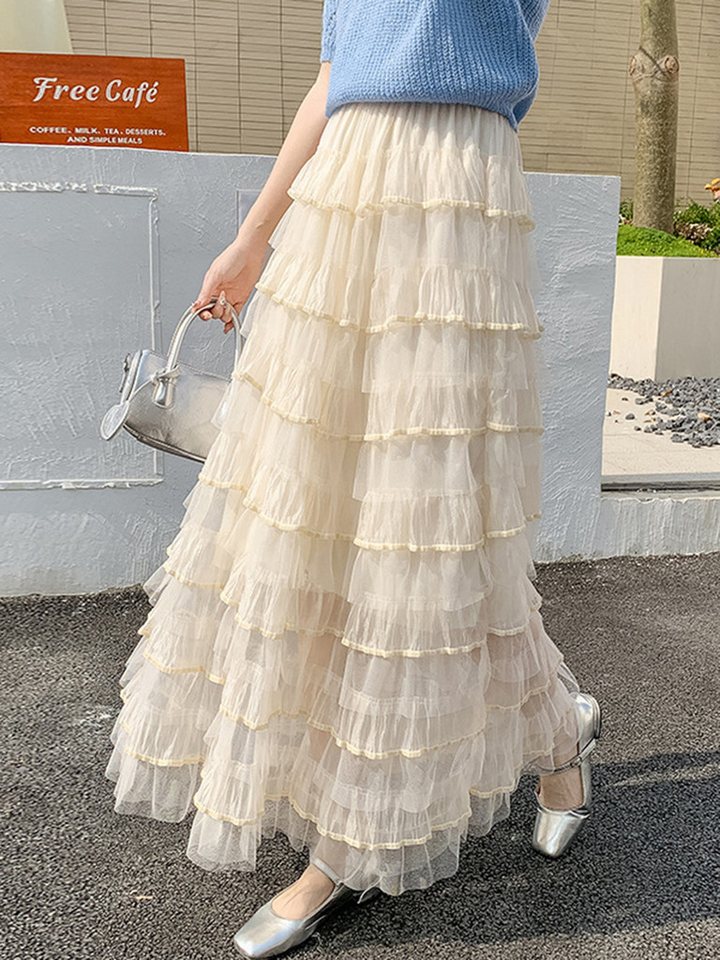 DEBAIJIA Meshrock Damen Frühling High Waist Herbst geschichteter Tüll-Tortenrock von DEBAIJIA