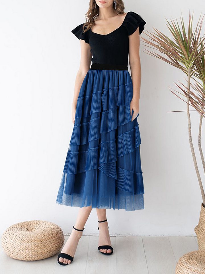 DEBAIJIA Meshrock Damen Taille mit hoherLänge Faltenrock einfarbiger in mittellanger von DEBAIJIA