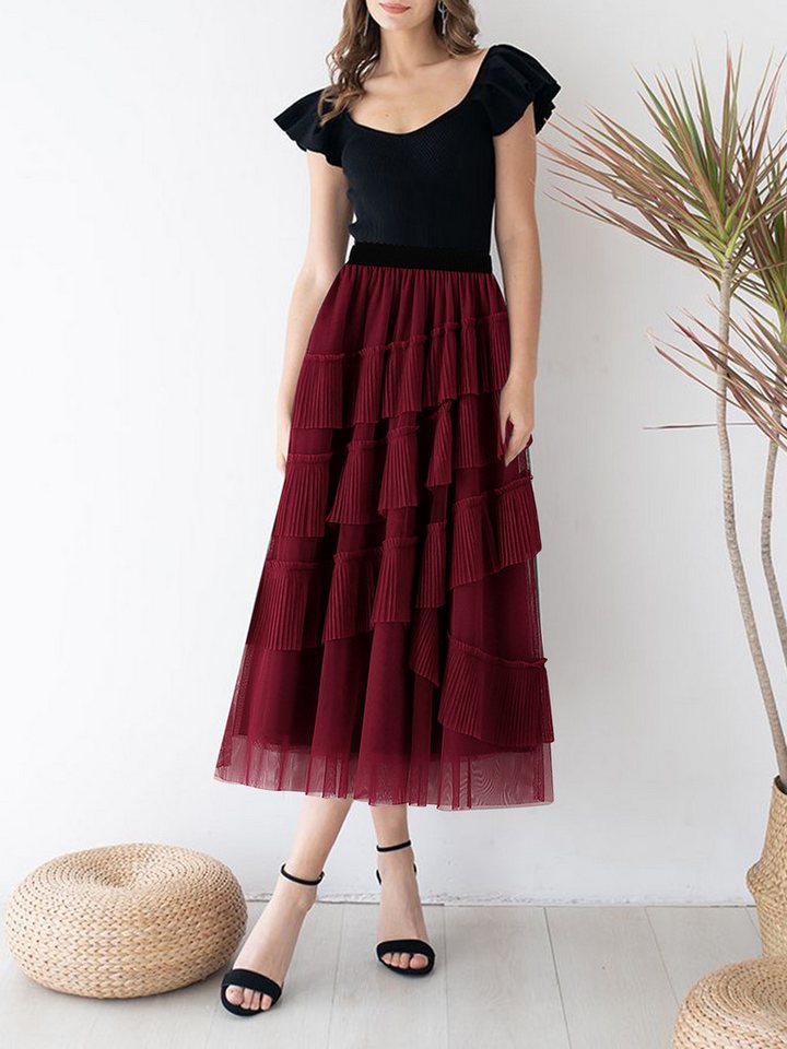 DEBAIJIA Meshrock Damen Taille mit hoherLänge Faltenrock einfarbiger in mittellanger von DEBAIJIA