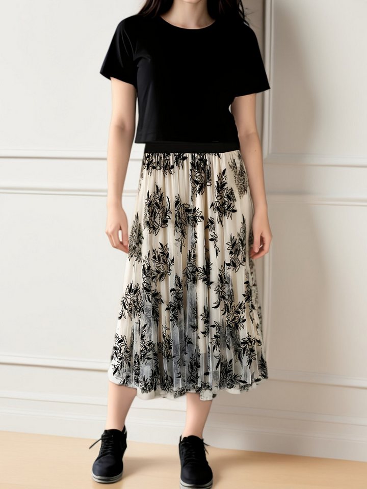 DEBAIJIA Meshrock Damen Tüll Midiröcke Blumendruck Elastischer Rock mit hoher Taille von DEBAIJIA