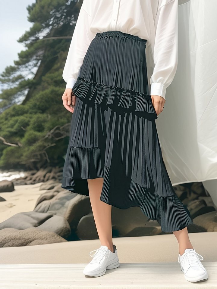 DEBAIJIA Midirock Damen Elegant mit hoher Taille Faltenrock einfarbiger von DEBAIJIA