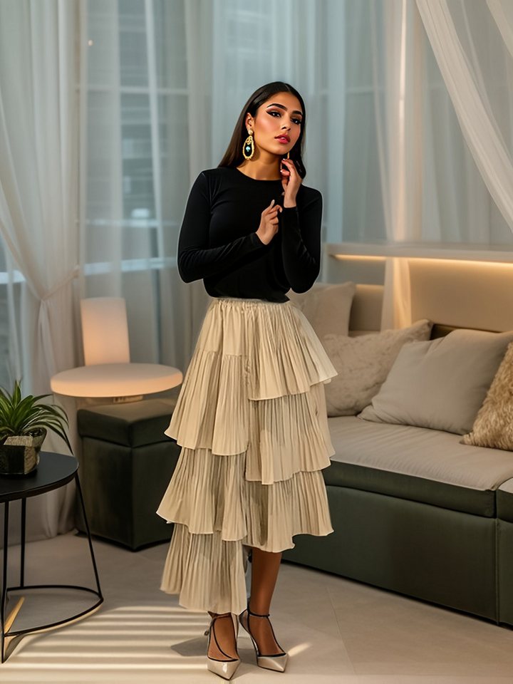 DEBAIJIA Midirock Damen Frühling Sommer Elegant mit hoher Taille Faltenrock einfarbiger von DEBAIJIA