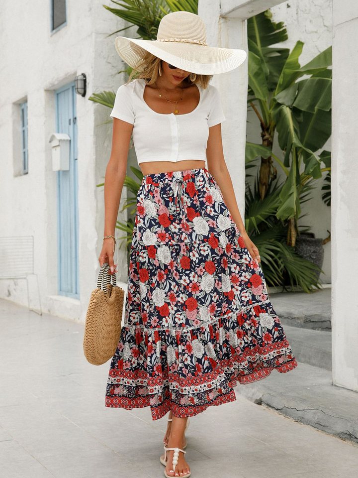 DEBAIJIA Midirock Damen Maxirock Sommer Gedruckt Elegant Boho Lange Röcke von DEBAIJIA