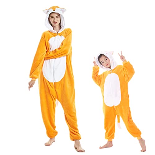 DEBAIJIA Schlafanzüge Erwachsene Tier Kostüme Pyjama Flanell Cosplay Overall Nachtwäsche Onesie Neuheit Tieranzüge Jumpsuit Unisex Warm （Fuchs-Gelb-140） von DEBAIJIA