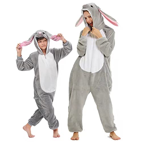 DEBAIJIA Schlafanzüge Erwachsene Tier Kostüme Pyjama Flanell Cosplay Overall Nachtwäsche Onesie Neuheit Tieranzüge Jumpsuit Unisex Warm （Kanin-Grau-140） von DEBAIJIA