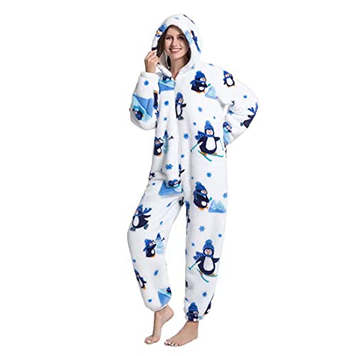 DEBAIJIA Schlafanzüge Erwachsene Tier Kostüme Pyjama Flanell Cosplay Overall Nachtwäsche Onesie Neuheit Tieranzüge Jumpsuit Warm Unisex （Pinguin-Weiß-M） von DEBAIJIA