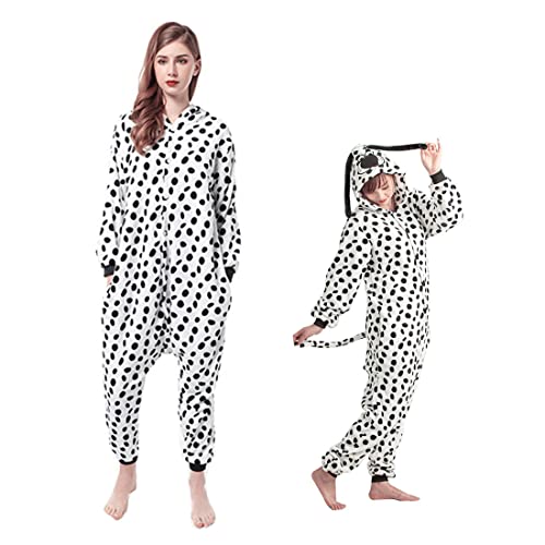 DEBAIJIA Schlafanzüge Erwachsene Tier Kostüme Pyjama Flanell Cosplay Unisex Warm Overall Nachtwäsche Onesie Neuheit Tieranzüge Jumpsuit （Hund-Weiß Schwarz-L） von DEBAIJIA