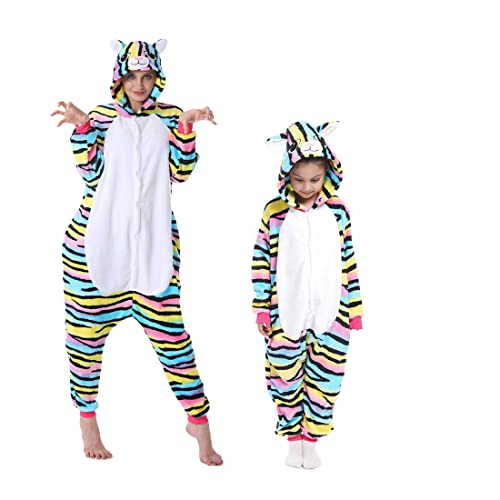 DEBAIJIA Schlafanzüge Erwachsene Tier Kostüme Pyjama Flanell Cosplay Unisex Warm Overall Nachtwäsche Onesie Neuheit Tieranzüge Jumpsuit （Katze-Mehrfarbig-110） von DEBAIJIA