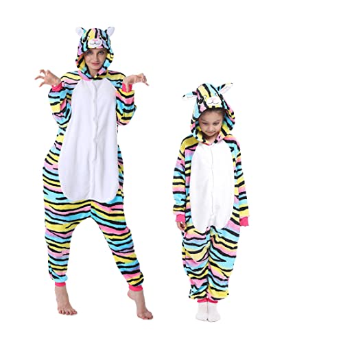 DEBAIJIA Schlafanzüge Erwachsene Tier Kostüme Pyjama Flanell Cosplay Unisex Warm Overall Nachtwäsche Onesie Neuheit Tieranzüge Jumpsuit （Katze-Mehrfarbig-130） von DEBAIJIA