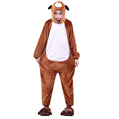 DEBAIJIA Schlafanzüge Erwachsene Tier Kostüme Pyjama Flanell Overall Cosplay Nachtwäsche Onesie Neuheit Tieranzüge Jumpsuit Unisex Warm （Hund-Braun-XL） von DEBAIJIA