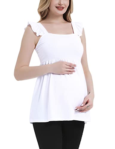 DEBELLY Damen Schwangerschaft Schößchen Tops Quadratischer Ausschnitt Rüschenriemen Ärmellos Schwangerschaft Tank Top Mama Niedliche Babydoll Bluse Sommer, Weiss/opulenter Garten, Groß von DEBELLY