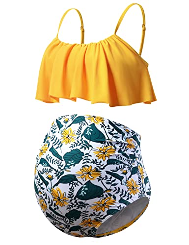 DEBELLY Mutterschaft Bikini Set Zweiteiliger Badeanzug Rüschen Frauen Badeanzüge Hohe Taille Vintage Schwangerschaft Bademode, Gelb mit Blumenmuster, Medium von DEBELLY