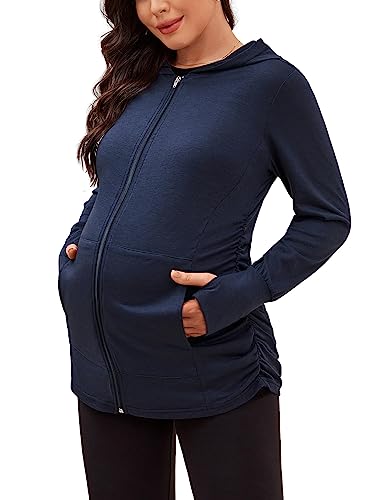 DEBELLY Umstands-Sweatshirt, langärmelig, durchgehender Reißverschluss, lässig, Schwangerschaft, Damen, Jacke, Top mit Taschen, Daumenloch, seitliche Rüschen, Marineblau, M von DEBELLY