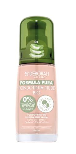 Deborah Milano Foundation Formula Pure Nude Bio Nr. 01 Ivory, mit Vitamin C und Aloe Vera, LSF 20, flüssige Textur mit mittlerer Deckkraft, für einen gleichmäßigen, strahlenden und samtigen Teint von DEBORAH
