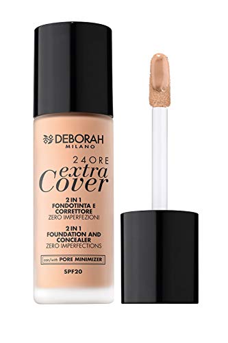 Deborah Milano Foundation und Concealer Fluid 24 Stunden Extra Cover LSF 20, 0 Fair Rose, Glättungseffekt mit langem Halt, Formel mit hoher Deckkraft, verleiht eine ebenmäßige und makellose Haut, 30 von DEBORAH