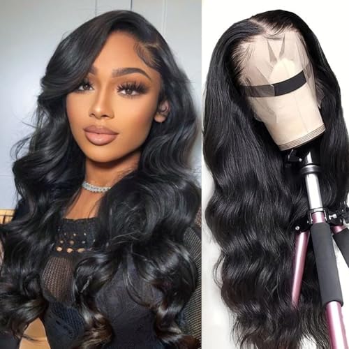 DÉBUT Body Wave Lace Front Perücke Echthaar 13×4 Lace Front Perücken für Frauen HD Lace Front Perücke Echthaar 180% Dichte Vorgezupft mit Babyhaar Kleberlose Perücken (60 cm, Schwarz) von DÉBUT