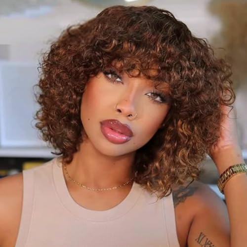 DÉBUT Echthaar Perücke mit Pony Kurze lockige Bob Perücke Echthaar Jerry Curl Bob Perücke für schwarze Frauen 150% Dichte nicht Spitze vorne Kleberlose Perücke(35 cm, TT1B/33) von DÉBUT