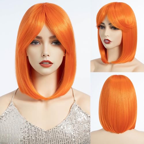 DÉBUT Gerade Bob Haar Perücke mit Pony für Frauen Hitzebeständig Synthetische Perücken mit Pony für tägliche Party Cosplay Wea（25 cm, ORANGE） von DÉBUT