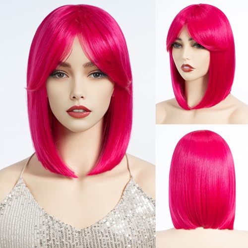 DÉBUT Gerade Bob Haar Perücke mit Pony für Frauen Hitzebeständig Synthetische Perücken mit Pony für tägliche Party Cosplay Wea（25 cm, PINK2） von DÉBUT