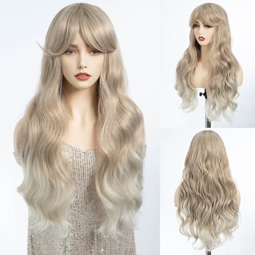 DÉBUT Lange gewellte Perücke mit Fransen für Frauen Hitzebeständig Synthetisch Ombre Braun bis Blond Perücken mit Pony für tägliche Party Cosplay Verwendung（66 cm, T14F/56E） von DÉBUT