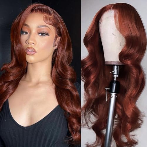 DÉBUT Rötlichbraune Body Wave Lace Front Perücke Echthaar 4×4 Lace Front Perücken für Frauen HD Lace Front Perücke Echthaar 180% Dichte Vorgezupft mit Babyhaar Kleberlose Perücken(45 cm, 33A) von DÉBUT