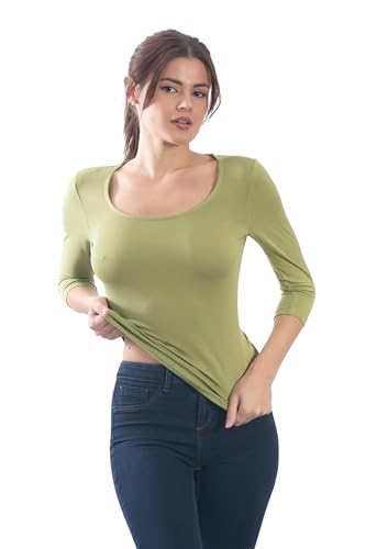 DECADE - Damen Shirt mit 3/4 Ärmeln, Rundhalsausschnitt, Olive V11L1042, M von DECADE