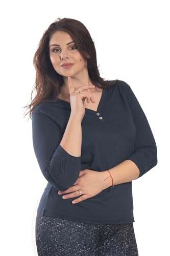 DECADE - Damen Shirt mit 3/4 Ärmeln, V-Ausschnitt,Knöpfen zur Verzierung, Anthrazit V2L1043,L von DECADE