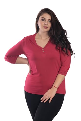 DECADE - Damen Shirt mit 3/4 Ärmeln, V-Ausschnitt,Knöpfen zur Verzierung,Burgund V6L1043,2XL von DECADE