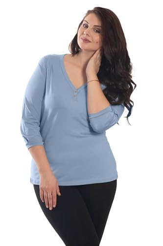 DECADE - Damen Shirt mit 3/4 Ärmeln, V-Ausschnitt,Knöpfen zur Verzierung,Hellblau V9L1043,XL von DECADE