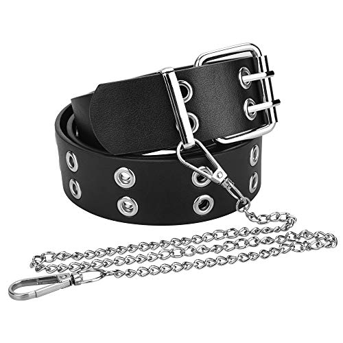 DECARETA Gürtel mit Nieten Damen Doppelloch Nietengürtel Punk Ledergürtel Nieten Schwarz Ösengürtel mit Kette 3.8cm Breite Cosplay Gürtel Leder Hip Hop Gürtel mit ösen für Damen Herren von DECARETA