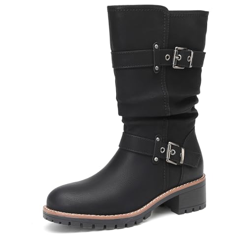 DECARSDZ Damen Mid Calf Boots Leder Mid-Calf Biker Boots für Frauen Wide Calf Motorrad Reitstiefel, Schwarz, 40.5 EU von DECARSDZ