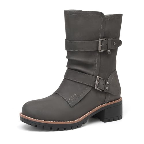 DECARSDZ Damen Motorradstiefel Mid Calf PU Leder Biker Boots - Stilvolle Damen Schwarz Braun Reitstiefel für Motorrad Kampf und Festival, GRAU, 39.5 EU von DECARSDZ