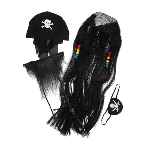 DECHOUS Halloween Piratenkostüm Teilig mit Realistischer Augenklappe Perücke und Bart Komfortables Cosplay Zubehör für Karneval Mottoparty und Fasching von DECHOUS