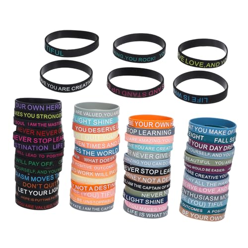 DECOMELODY 100 Stück Unisex Elastische Silikonarmbänder mit Motivierenden Sprüchen Dehnbar und Angenehm Vielseitig Tragbar für Herren Damen Jugendliche Farblich Gemischtes Grün Lila Schwarz von DECOMELODY